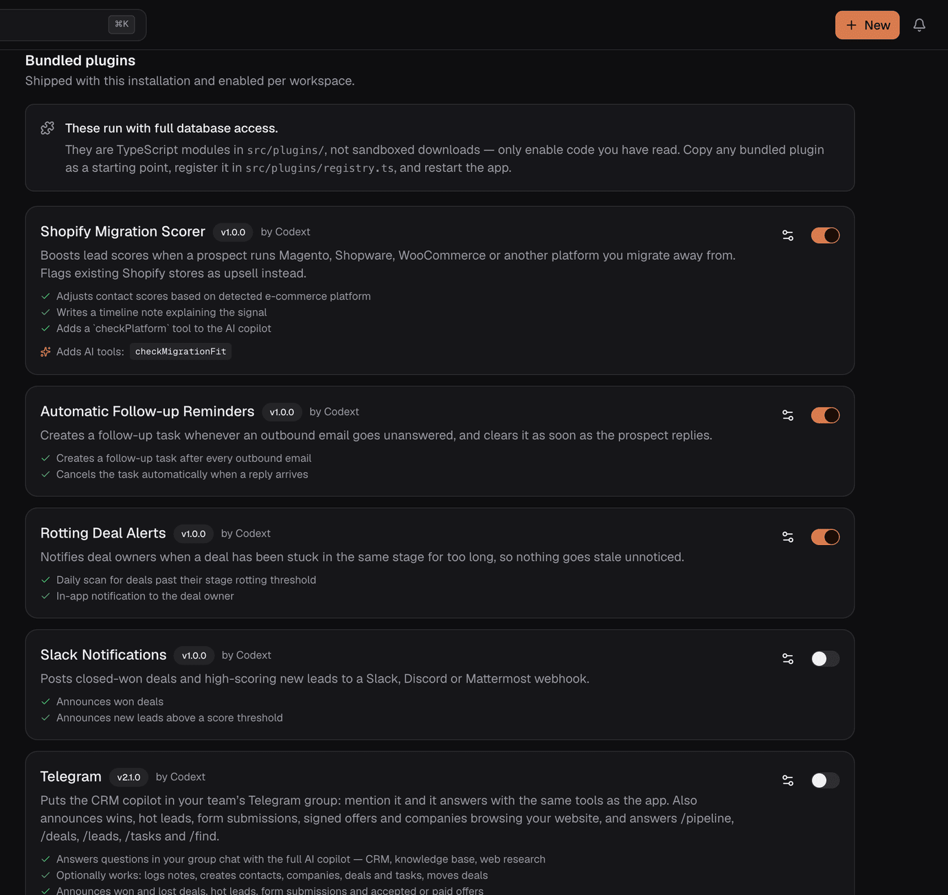The bundled plugins list in settings, each with a version, a description and a per-organisation enable toggle.