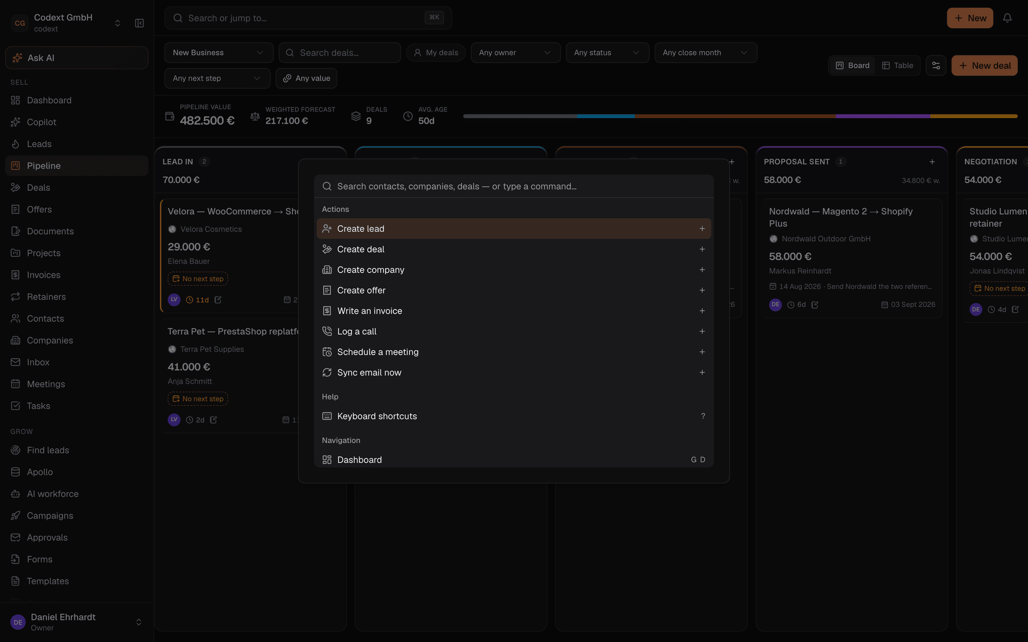 Command palette open over the pipeline, listing actions and navigation shortcuts.