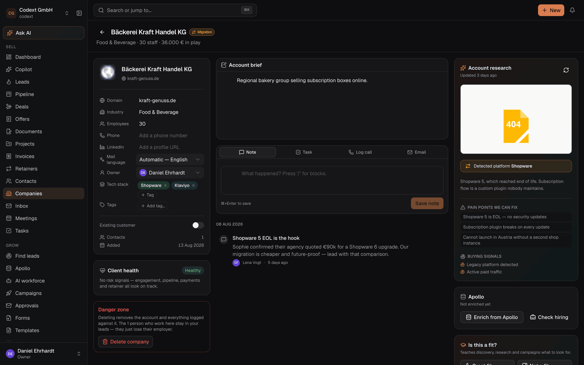 Company record showing account research, contacts and related deals.