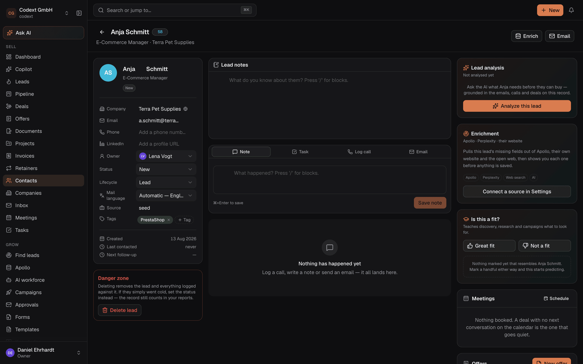 Contact record with merged activity timeline and AI lead analysis.