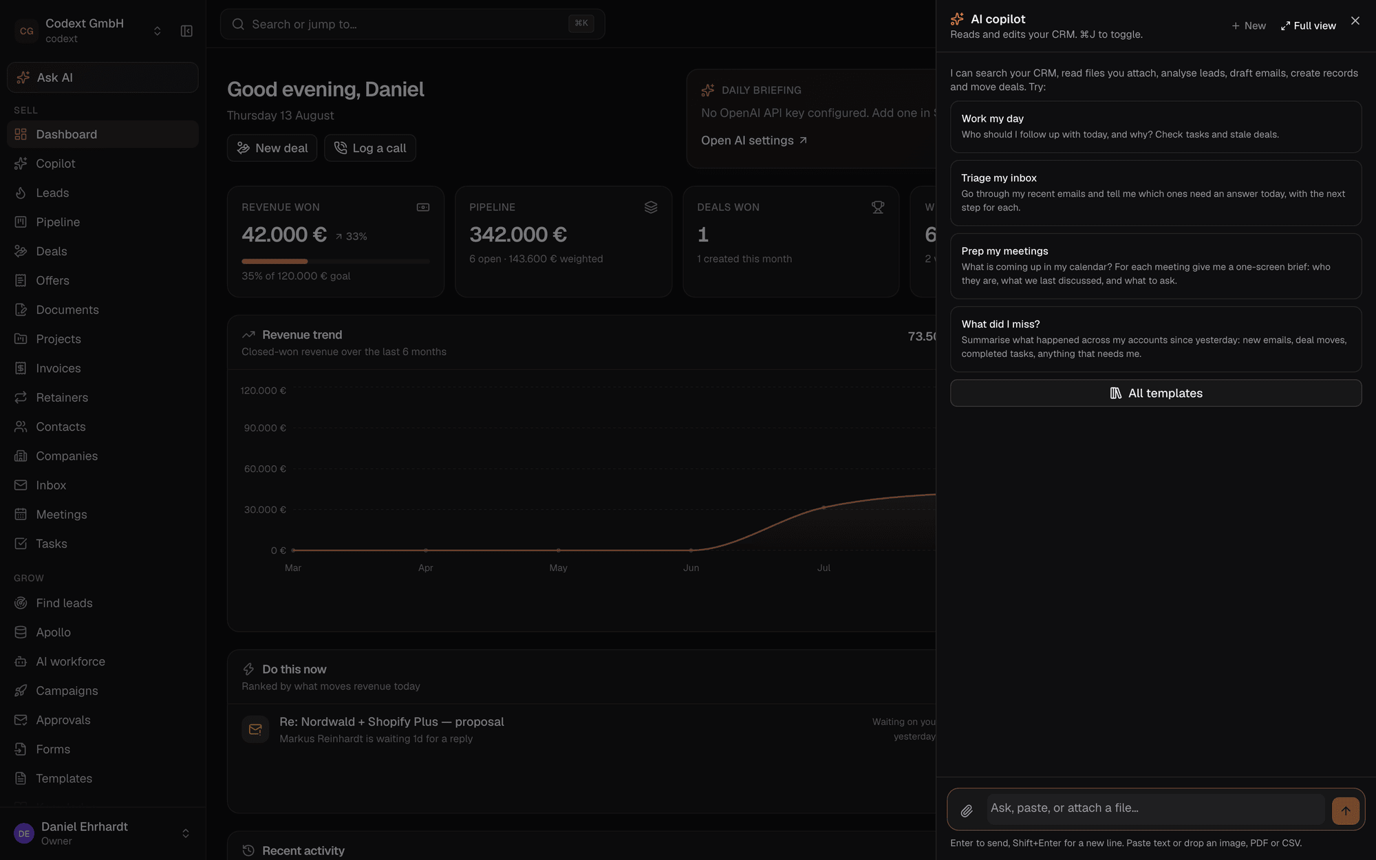 The AI copilot panel open beside the dashboard, offering to find follow-ups, draft replies and surface at-risk deals.