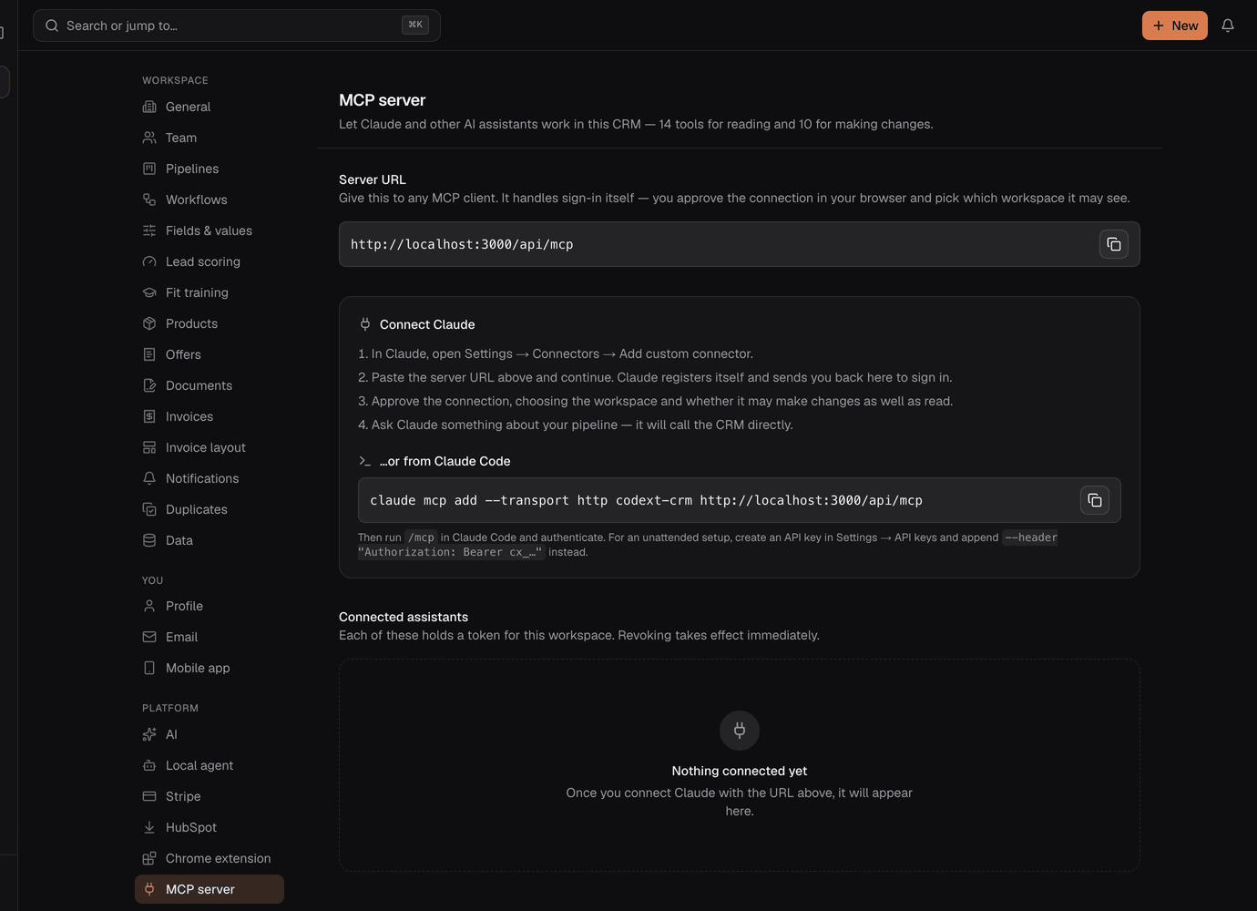 The MCP server settings screen showing the connection URL, setup instructions and the list of connected assistants with a revoke control.