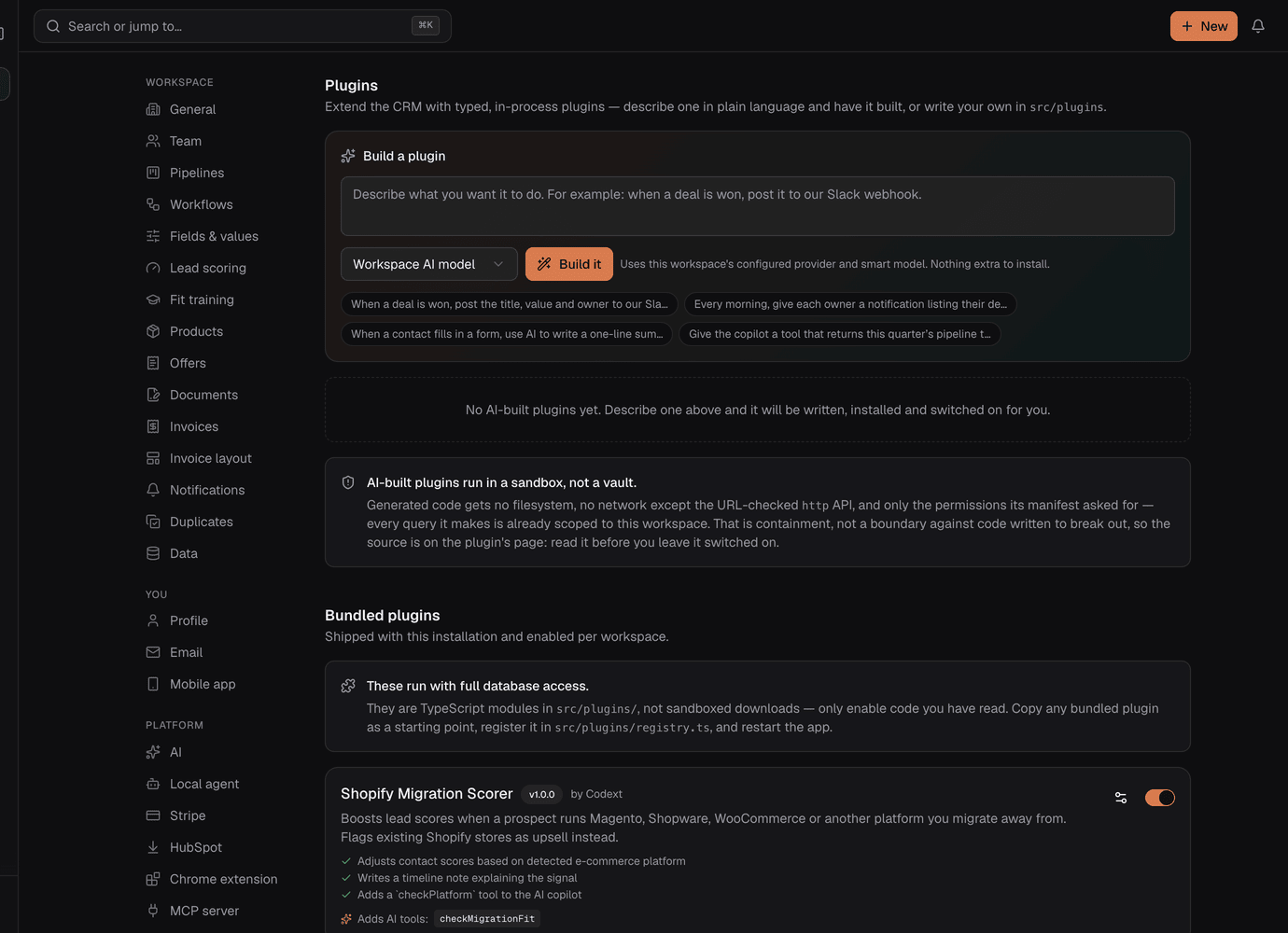 The Build a plugin box in Settings → Plugins: a prompt field, a builder selector, and example prompts you can start from.